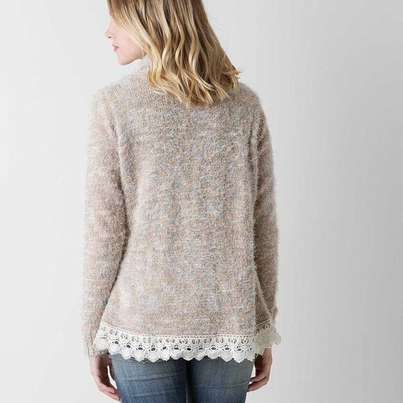 Gimmicks‎ by BKE Eyelash Yarn Lace Trim Cardigan Sweater Tan Multi Small - Picture 5 of 16